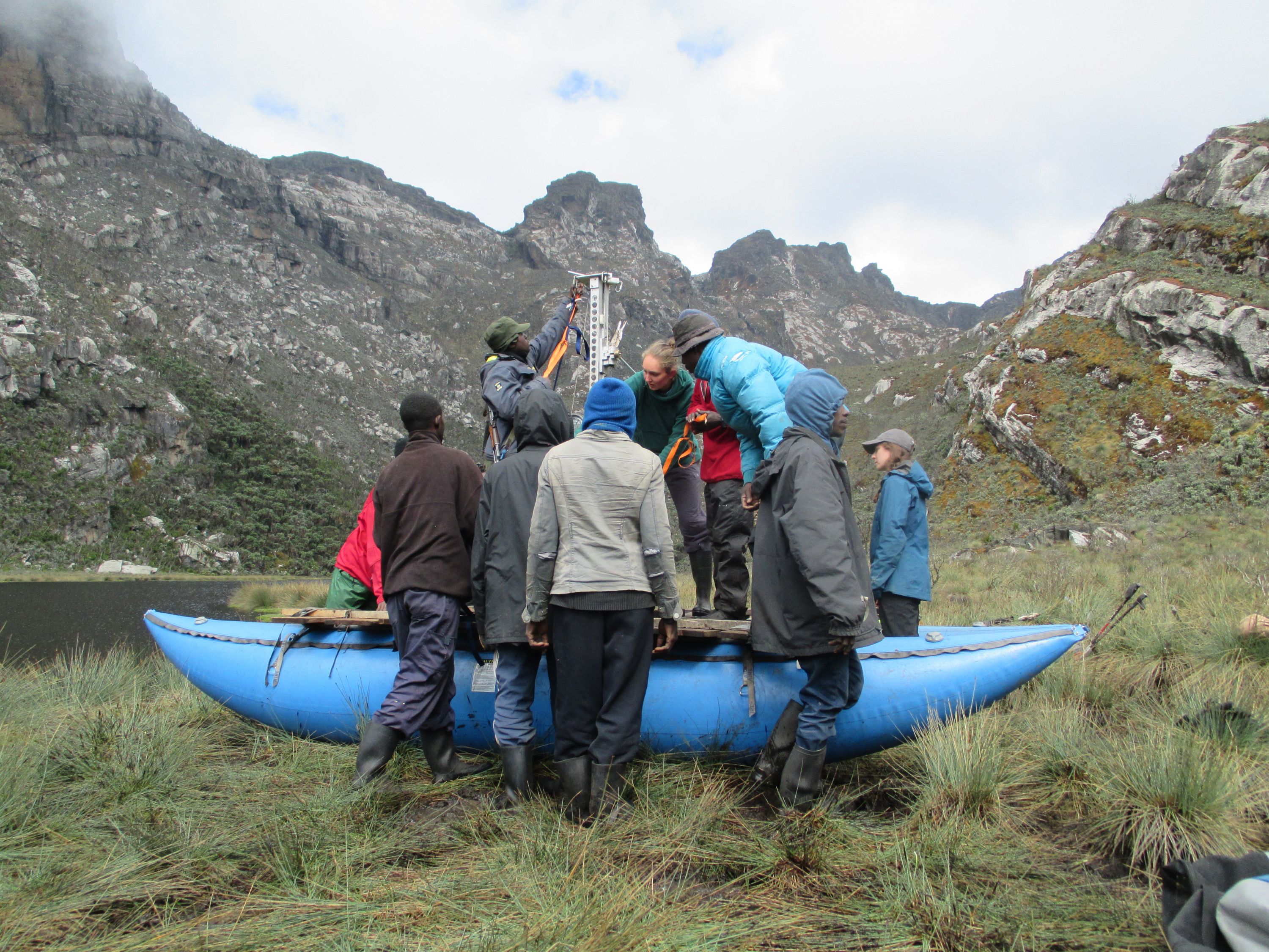 The team building the coring raft used to obtain sediments from Lake Kopello